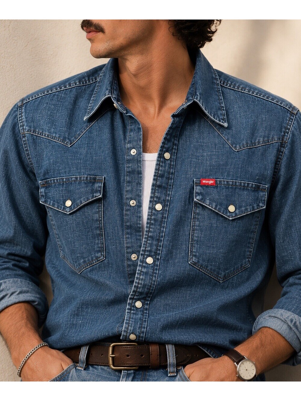Wrangler Denim Western Shirt Men’s Large Pearl Snap Chambray Cowboy Button Up